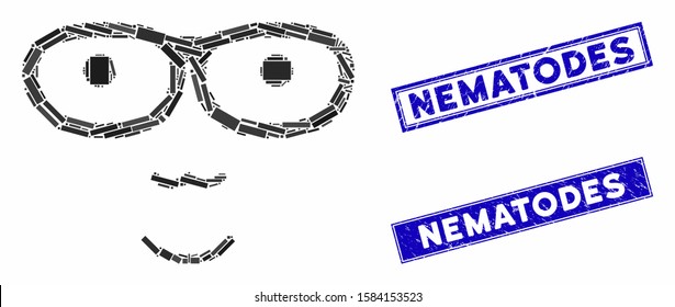 Mosaic nerd face pictogram and rectangle Nematodes seal stamps. Flat vector nerd face mosaic icon of randomized rotated rectangle elements. Blue Nematodes seal stamps with scratched textures.