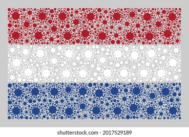 Bandera de los Países Bajos mosaicos creada con elementos contagiosos. Bandera holandesa del collage del vector covid-2019 diseñada para propaganda de vacunación. Diseñado para doctrinas políticas o patrióticas.