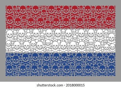 Mosaic Netherlands flag designed with skull icons. Pirate vector straight mosaic Netherlands flag designed for hazard illustrations. Designed for political or patriotic proclamations.