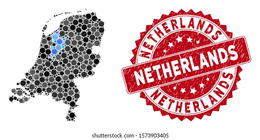 Mosaic Netherlands map and circle seal. Flat vector Netherlands map mosaic of scattered spheric items. Red rubber seal with scratched design. Designed for political and patriotic propaganda.