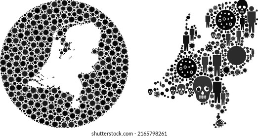 Mosaic Netherlands map designed from sars virus elements and population and skull icons. Evil virus Netherlands map mosaic composed with circle and subtracted shape.