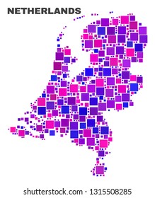 Mosaic Netherlands map isolated on a white background. Vector geographic abstraction in pink and violet colors. Mosaic of Netherlands map combined of random square elements.