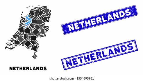 Mosaic Netherlands map and rectangle seals. Flat vector Netherlands map mosaic of scattered rotated rectangle items. Blue caption seals with corroded textures.