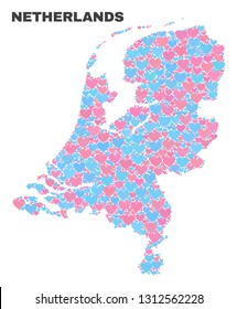 Mosaic Netherlands map of valentine hearts in pink and blue colors isolated on a white background. Lovely heart collage in shape of Netherlands map. Abstract design for Valentine decoration.