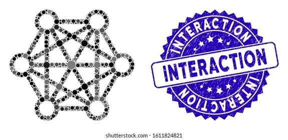 Mosaic network connections icon and distressed stamp seal with Interaction caption. Mosaic vector is designed with network connections icon and with randomized spheric elements.