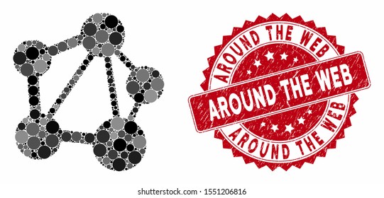 Mosaic network and corroded stamp seal with Around the Web text. Mosaic vector is composed with network icon and with randomized round items. Around the Web seal uses red color, and scratched surface.