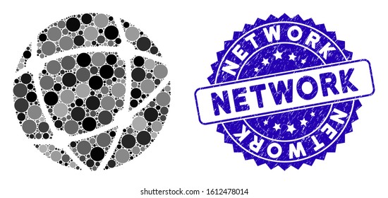 Mosaic network icon and rubber stamp watermark with Network text. Mosaic vector is formed with network icon and with random circle elements. Network stamp uses blue color, and distress surface.