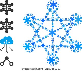 Mosaic network links icon is constructed for winter, New Year, Christmas. Network links icon mosaic is done with light blue snow elements. Some similar icons are added.