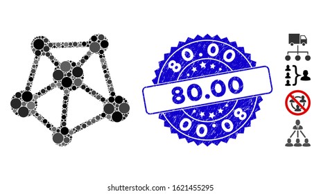 Mosaic network links icon and distressed stamp seal with 80.00 text. Mosaic vector is designed with network links icon and with random round spots. 80.00 stamp uses blue color, and dirty texture.