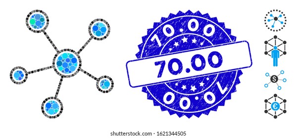 Mosaic network links icon and rubber stamp seal with 70.00 phrase. Mosaic vector is composed with network links icon and with randomized spheric elements. 70.00 stamp seal uses blue color,