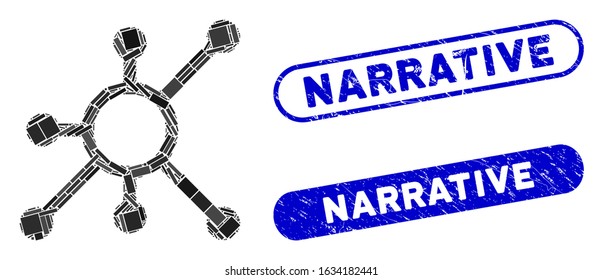 Mosaic network node and grunge stamp watermarks with Narrative text. Mosaic vector network node is created with scattered rectangle items. Narrative stamps use blue color,