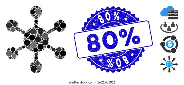 Mosaic network node icon and corroded stamp watermark with 80% text. Mosaic vector is designed from network node icon and with randomized round items. 80% stamp uses blue color, and dirty texture.