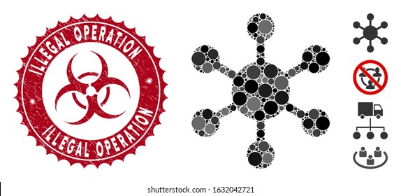 Mosaic network node icon and corroded stamp seal with Illegal Operation text and biohazard symbol. Mosaic vector is formed with network node icon and with scattered spheric items.