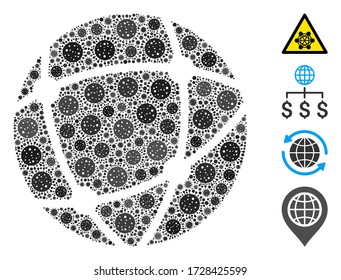 Mosaic network organized from coronavirus items in random sizes and color hues. Vector infection items are united into abstract mosaic network icon. Some bonus icons are added.