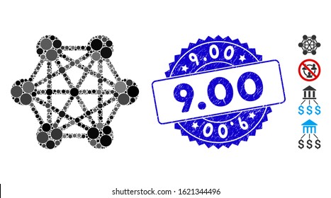Mosaic network relations icon and corroded stamp seal with 9.00 caption. Mosaic vector is formed with network relations icon and with scattered round spots. 9.00 stamp seal uses blue color,