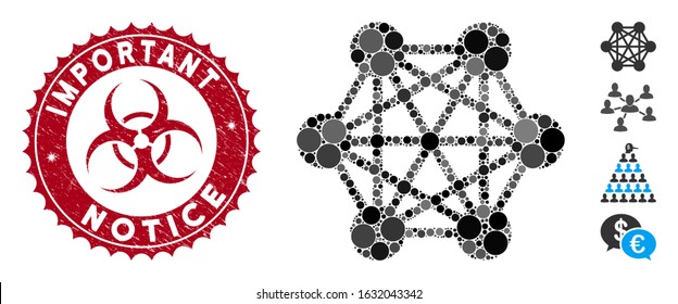 Mosaic network relations icon and distressed stamp seal with Important Notice text and biohazard symbol. Mosaic vector is designed with network relations icon and with randomized spheric items.