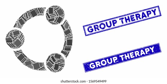 Mosaic network relations pictogram and rectangular seal stamps. Flat vector network relations mosaic pictogram of random rotated rectangular elements. Blue caption rubber stamps with grunge texture.