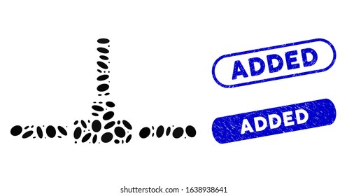 Mosaic network wire connection and corroded stamp seals with Added text. Mosaic vector network wire connection is designed with randomized elliptic parts. Added stamp seals use blue color,