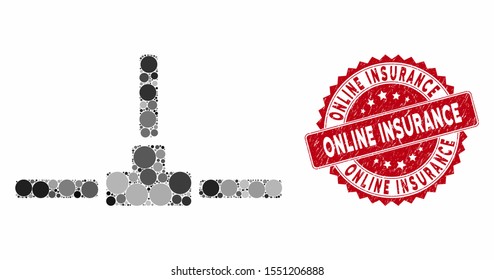 Mosaic network wire connection and distressed stamp watermark with Online Insurance phrase. Mosaic vector is designed with network wire connection icon and with scattered spheric elements.