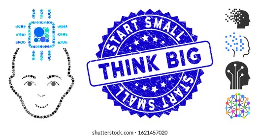 Mosaic neural computer interface icon and rubber stamp seal with Start Small Think Big caption. Mosaic vector is formed with neural computer interface icon and with randomized circle items.