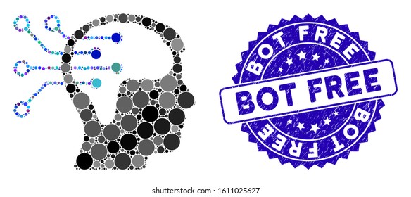 Mosaic neural interface circuit icon and distressed stamp seal with Bot Free phrase. Mosaic vector is formed with neural interface circuit icon and with random spheric elements.