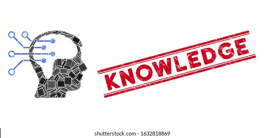 Mosaic neural interface circuit pictogram and red Knowledge stamp between double parallel lines. Flat vector neural interface circuit mosaic pictogram of random rotated rectangle elements.