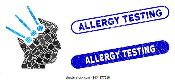Mosaic neural interface connectors and distressed stamp seals with Allergy Testing text. Mosaic vector neural interface connectors is designed with scattered rectangle items.