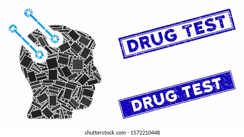 Mosaic neural interface connectors pictogram and rectangular Drug Test rubber prints. Flat vector neural interface connectors mosaic icon of randomized rotated rectangular elements.