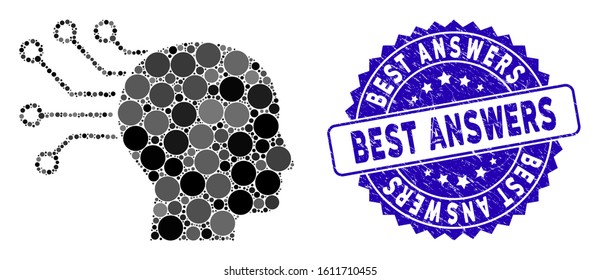 Mosaic neural interface icon and grunge stamp seal with Best Answers phrase. Mosaic vector is designed with neural interface icon and with randomized spheric elements.