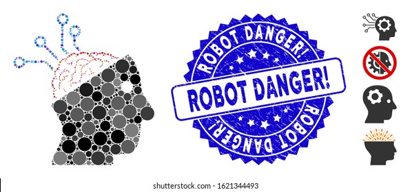 Mosaic neural interface links icon and rubber stamp seal with Robot Danger! text. Mosaic vector is created with neural interface links icon and with randomized round spots.