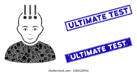 Mosaic neural interface pictogram and rectangular Ultimate Test seal stamps. Flat vector neural interface mosaic icon of scattered rotated rectangular elements.