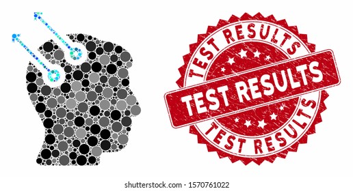 Mosaic neural interface plugs and rubber stamp seal with Test Results caption. Mosaic vector is created from neural interface plugs icon and with randomized round elements.