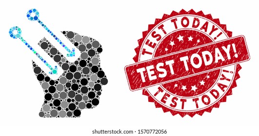 Mosaic neural interface and rubber stamp watermark with Test Today! phrase. Mosaic vector is created with neural interface icon and with randomized circle spots. Test Today! stamp uses red color,