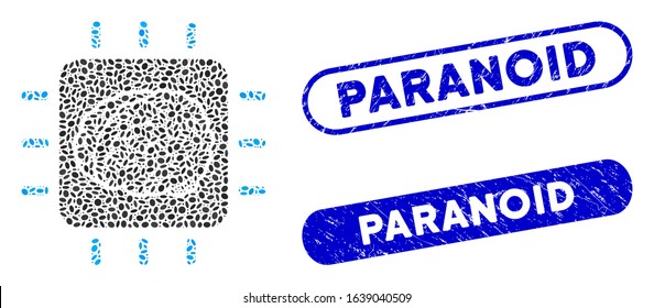 Mosaic neural processor and grunge stamp seals with Paranoid phrase. Mosaic vector neural processor is composed with randomized elliptic elements. Paranoid stamp seals use blue color,