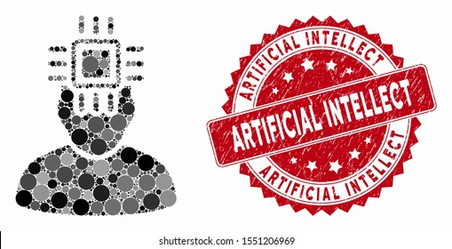 Mosaic neuro interface and corroded stamp watermark with Artificial Intellect text. Mosaic vector is composed with neuro interface icon and with scattered spheric elements.