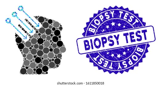 Mosaic neuro interface icon and rubber stamp seal with Biopsy Test text. Mosaic vector is created with neuro interface icon and with random round elements. Biopsy Test stamp uses blue color,