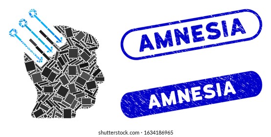 Mosaic neuro interface and rubber stamp seals with Amnesia caption. Mosaic vector neuro interface is created with randomized rectangle items. Amnesia stamp seals use blue color,