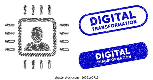 Mosaic neuro processor and rubber stamp seals with Digital Transformation text. Mosaic vector neuro processor is created with randomized rectangle items.