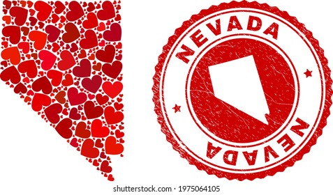 Mosaic Nevada State map designed with red love hearts, and rubber seal stamp. Vector lovely round red rubber seal stamp imprint with Nevada State map inside.