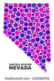 Mosaic Nevada State map isolated on a white background. Vector geographic abstraction in pink and violet colors. Mosaic of Nevada State map combined of random round items.