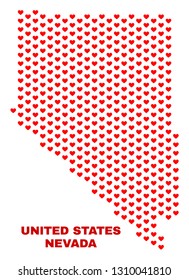 Mosaic Nevada State map of love hearts in red color isolated on a white background. Regular red heart pattern in shape of Nevada State map. Abstract design for Valentine decoration.