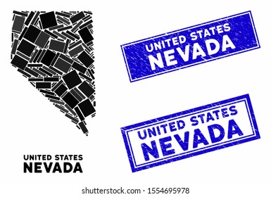 Mosaic Nevada State map and rectangular stamps. Flat vector Nevada State map mosaic of random rotated rectangular elements. Blue caption rubber stamps with grunge texture.