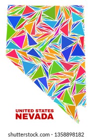 Mosaic Nevada State map of triangles in bright colors isolated on a white background. Triangular collage in shape of Nevada State map. Abstract design for patriotic illustrations.