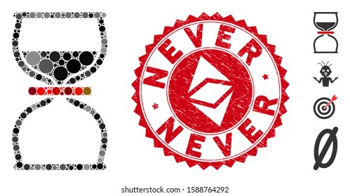 Mosaic never and circle watermark. Flat vector never mosaic of randomized circle elements. Red rubber stamp with rubber texture. Designed for political and patriotic projects.