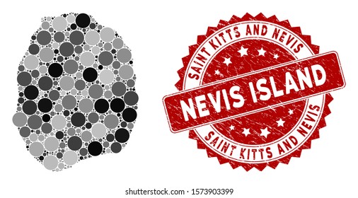 Mosaic Nevis Island map and round seal stamp. Flat vector Nevis Island map mosaic of randomized round elements. Red stamp with corroded design. Designed for political and patriotic propaganda.