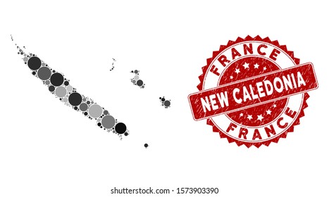 Mosaic New Caledonia Islands map and round seal stamp. Flat vector New Caledonia Islands map mosaic of randomized round items. Red stamp with dirty surface.