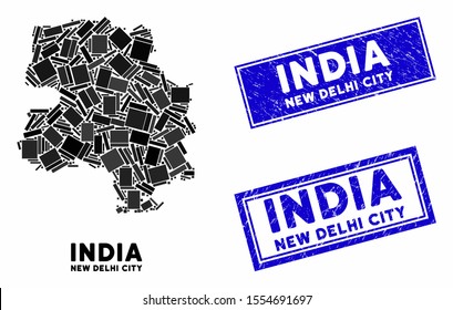 Mosaic New Delhi City map and rectangular seals. Flat vector New Delhi City map mosaic of scattered rotated rectangular items. Blue caption seals with corroded texture.