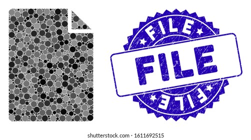 Mosaic new file icon and grunge stamp seal with File caption. Mosaic vector is composed from new file icon and with randomized spheric elements. File stamp seal uses blue color, and grunged surface.