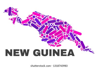 Mosaic New Guinea map isolated on a white background. Vector geographic abstraction in pink and violet colors. Mosaic of New Guinea map combined of random circle dots and lines.