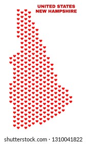 Mosaic New Hampshire State map of love hearts in red color isolated on a white background. Regular red heart pattern in shape of New Hampshire State map. Abstract design for Valentine decoration.